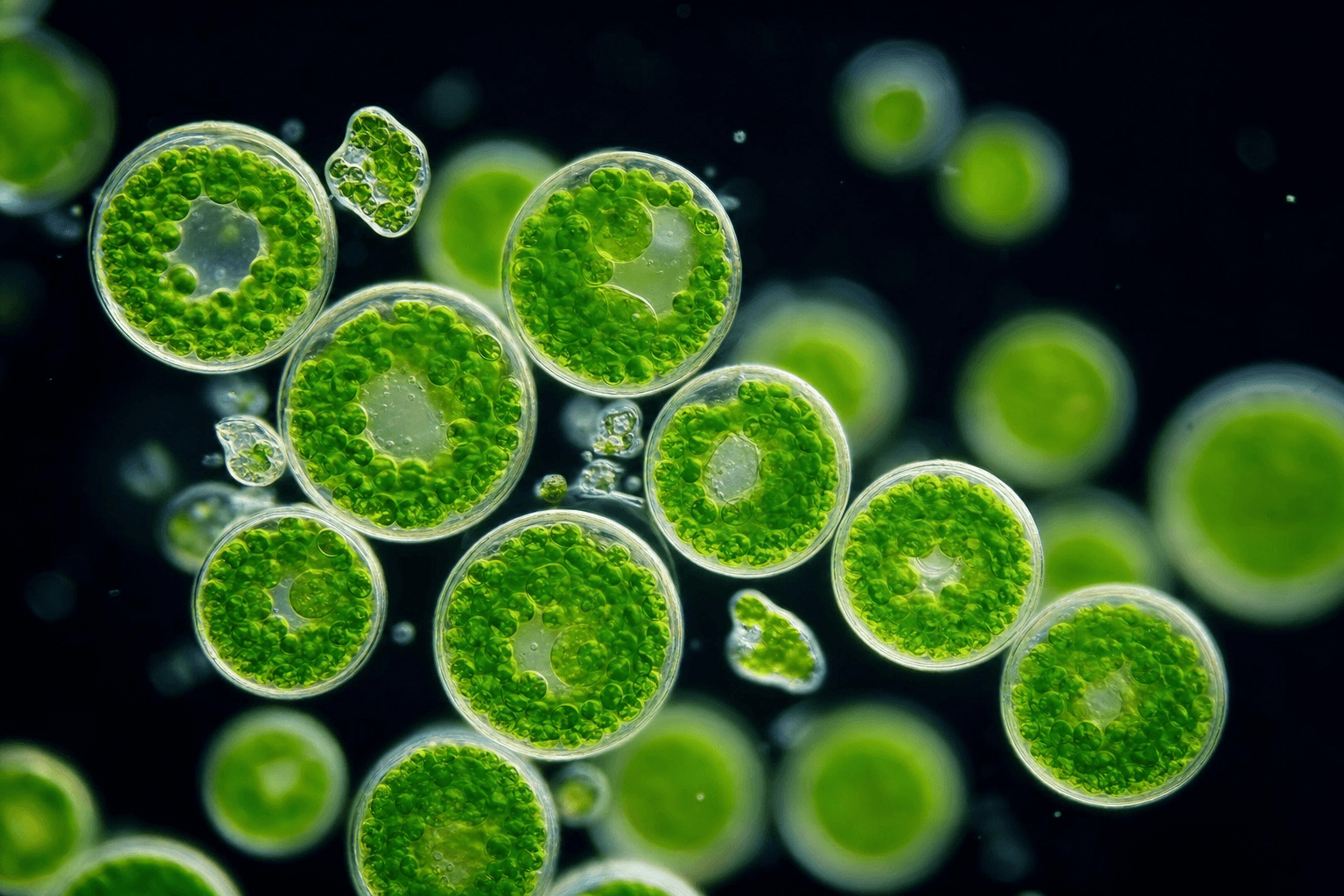 Células de microalgas verdes de agua dulce vistas al microscopio